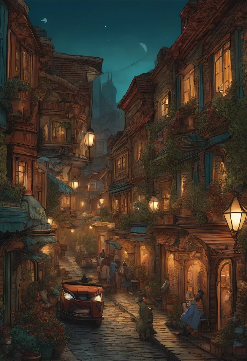 Comic book style of fantasy town with busy streets