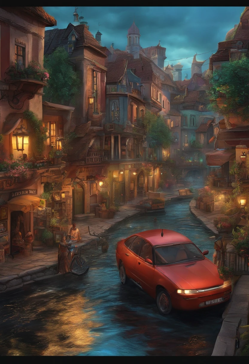 Comic book style of fantasy town with busy streets