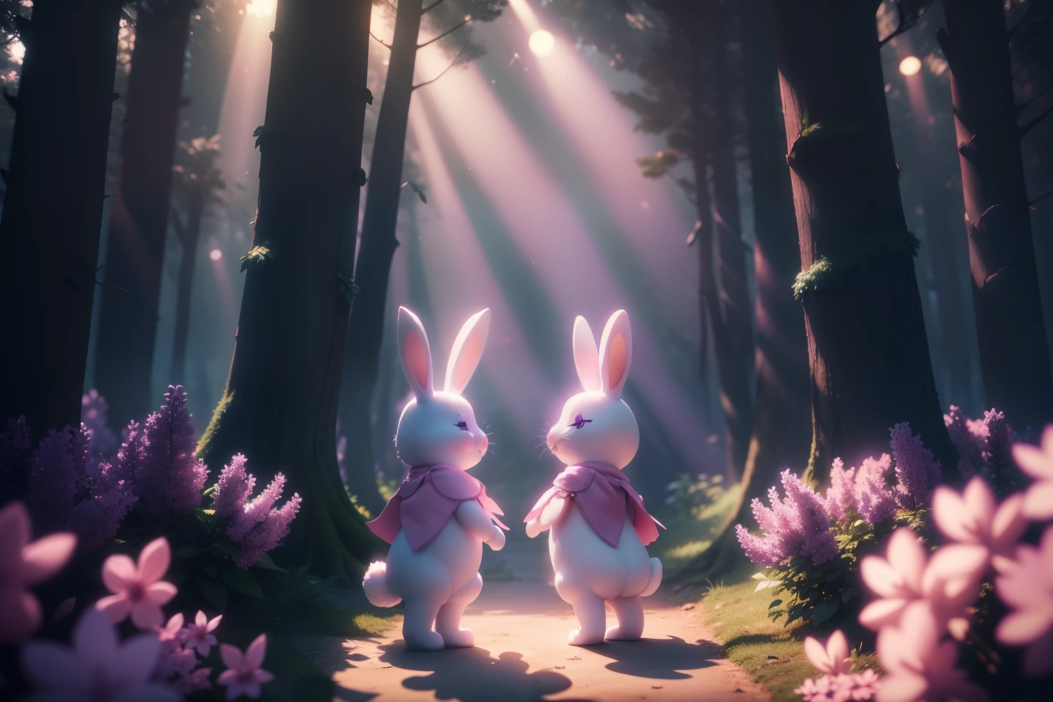 A talkative lilac bunny speaking to a light pink bunny who appears boring, magical forest as background, illuminated by rays of sunshine filtered through the trees, slightly foggy atmosphere. 3D characters, animation.