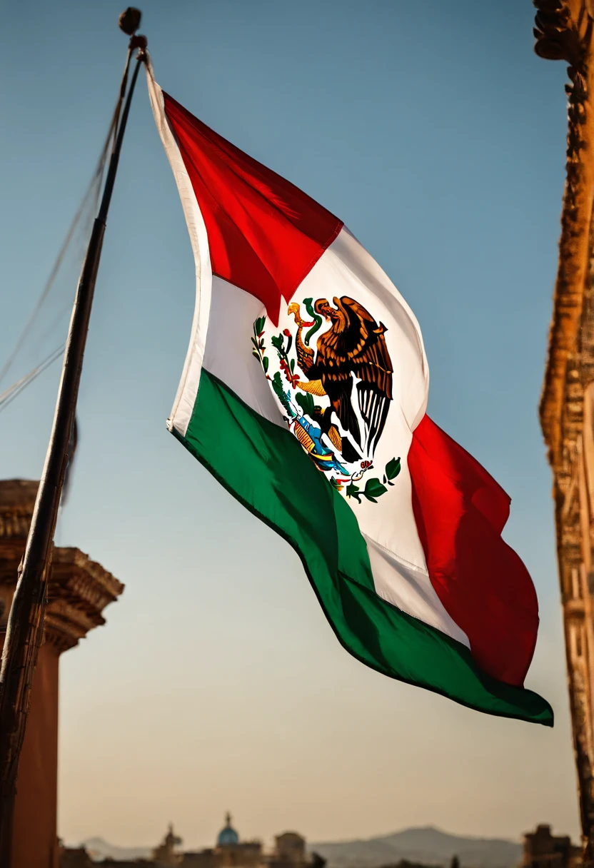 araffe flag of mexico flying in the wind with a blue sky in the background, mexican, mexico, mexican standoff, mexico city, mexican folklore, downtown mexico, flag, mexican warrior, gang flags, she is mexican, james zapata, flags, looking partly to the left, profile photo, folklorico, new mexico, latino, mexican mustache,mexican