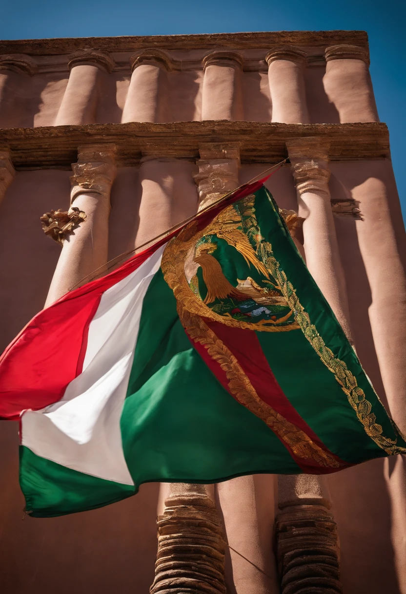 araffe flag of mexico flying in the wind with a blue sky in the background, mexican, mexico, mexican standoff, mexico city, mexican folklore, downtown mexico, flag, mexican warrior, gang flags, she is mexican, james zapata, flags, looking partly to the left, profile photo, folklorico, new mexico, latino, mexican mustache,mexican