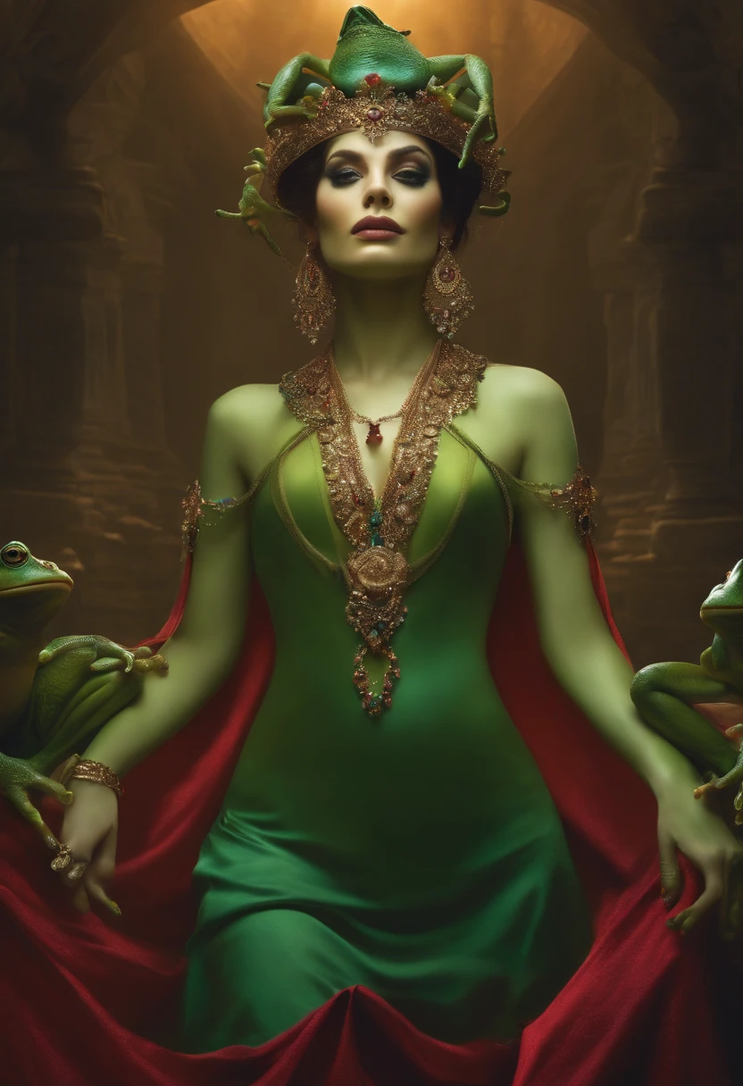 medusa, attractive face, (serpent body:1.4), exposed breasts (serpent skin:1.2),indoors dungeon background