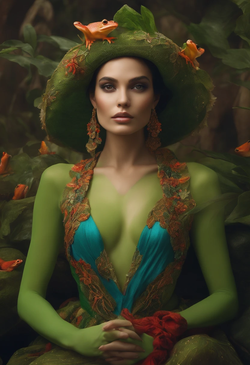 Humanoid frog woman, low cut dress