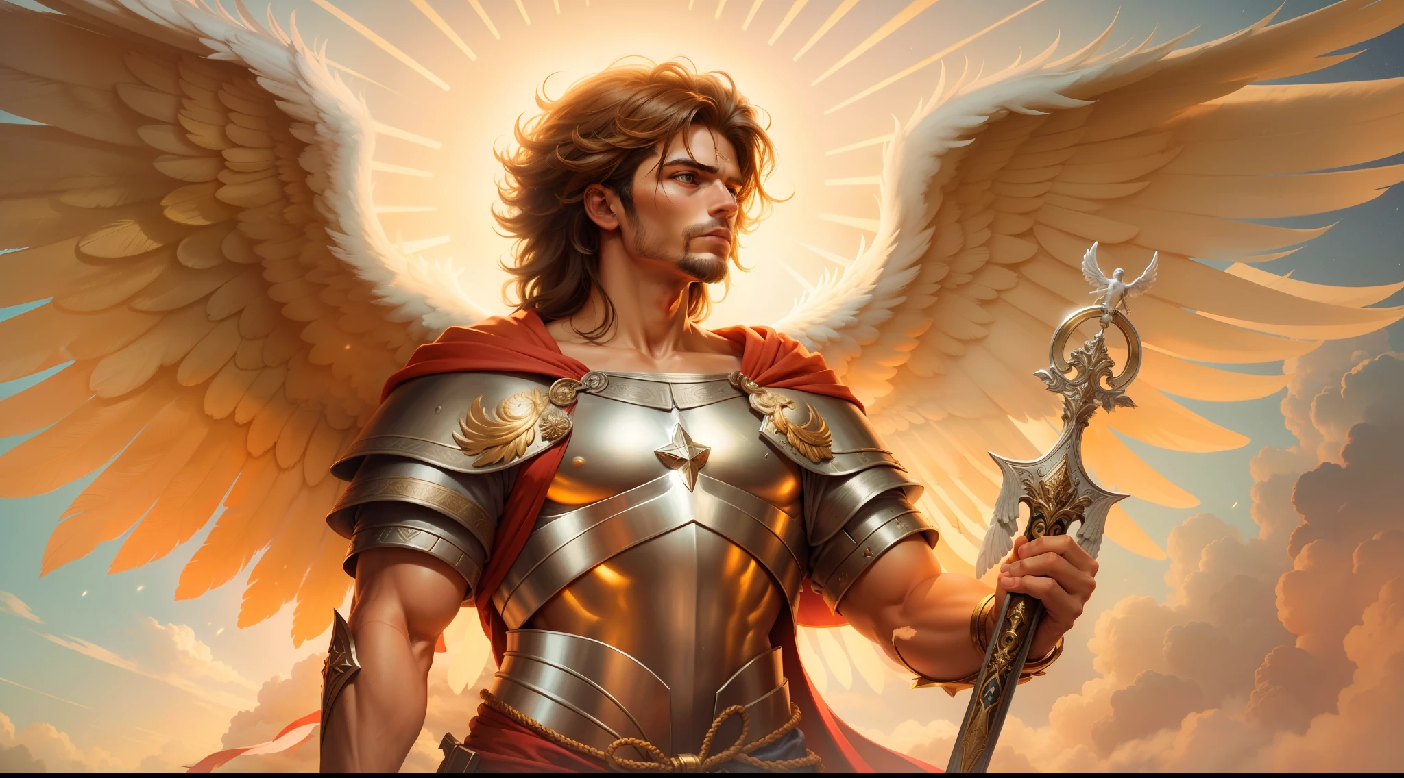 Closeup of an image a man angel with a large and long sword with attack position in right hand, in the other left hand holding a scale, Angel dressed as a Roman soldier looking at the ground, arcanjo homem com asas grandes, o anjo da fortuna, perfeito, Reslistic, Biblical setting, celestial scenery, sol e nuvens ultras realistas, flores e velas, illuminated archangel of heaven, flores coloridas, velas acesas, roupas brancas e vermelhas