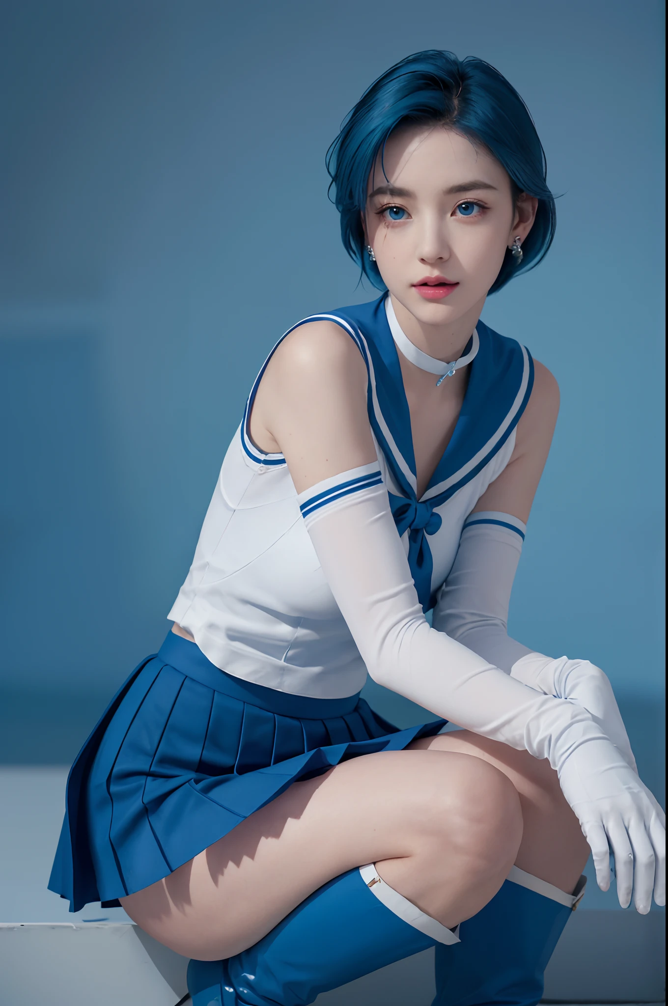 1girl,breasts,gloves,lips,solo,sailor mercury,blue eyes,smuniform,mer1,tiara,sailor senshi uniform,(RAW photo, best quality),masterpiece,absurdres,sexy,floating short blue hair,blue sailor collar,bow,(knee boots:1.1),choker,white gloves,blue choker,elbow gloves,jewelry,earrings,blue skirt,sole,full body,blue hair,(prefect drawn hands):3.8,octane rendering,godness of water, (close up:1.2) finely detailed beautiful eyes, close-up, small eyes, look at viewer, to8contrast style, in a dark room, two tone lighting, octane lineart, monochrome,