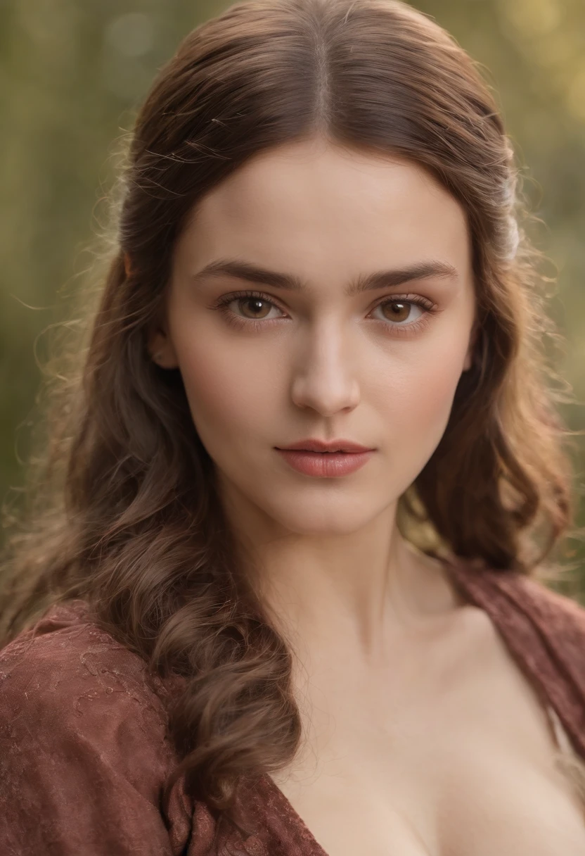 ((Representation of areola and nipple)) tez clara, Female around 19 years old, Natural brown hair, Distinctive brown eyes, Delgada, Beautiful, Luz de velas en un entorno medieval, Ultra Sharp Focus, Toma realista, Ropa femenina medieval, Tetradic colors (cicatriz:1.4)