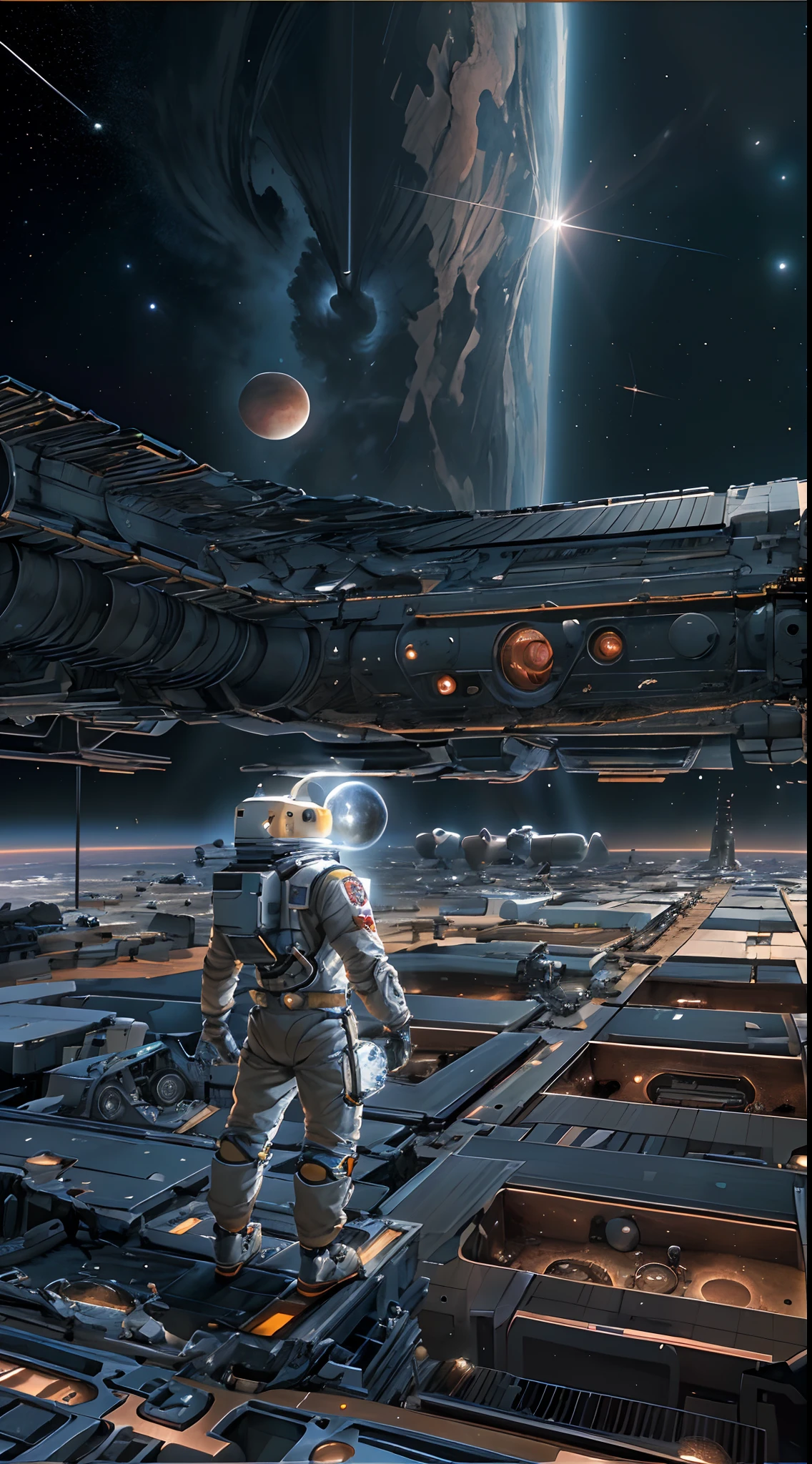 A captivating depiction of a space station floating in the vast expanse of the universe, (Stunning cosmic backdrop), (Detailed spacecraft design), (Renderizado realista), (Escala y proporciones impresionantes), (Arquitectura futurista), (Attention to scientific accuracy), (Intricate mechanical details), (Immersive lighting effects), (Stunning feeling of vastness), tendencias en Artstation, (tendencias en CGSociety), (Showcasing the wonders of space exploration), (evokes a sense of technological advancement), (Entorno espacial altamente detallado), (Impressive attention to texture and materials), (Depiction of astronauts or extraterrestrial life), (Conveys a sense of tranquility and wonder), (Capturando la belleza y los misterios del cosmos), (Skillful representation of depth and perspective),vortex,Houtufeng,Los restos de una nave espacial gigante