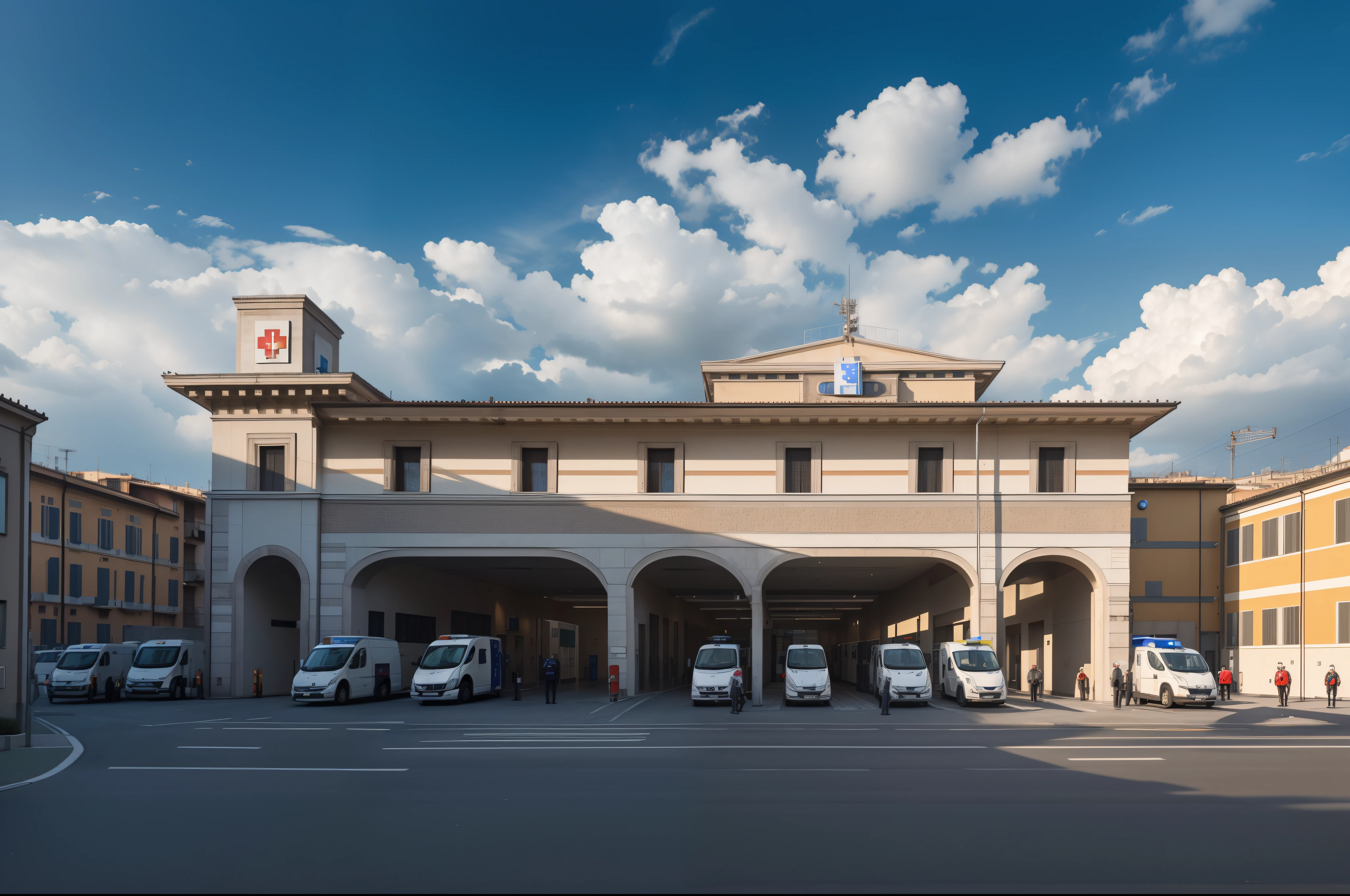 a photography of a modern hospital in Italy, ambulances waiting outside of the entrance, glass facade, ambulances waiting outside of the entrance, hyperrealism, a road is passing on the left of the photo, (ambulances: 1.2)