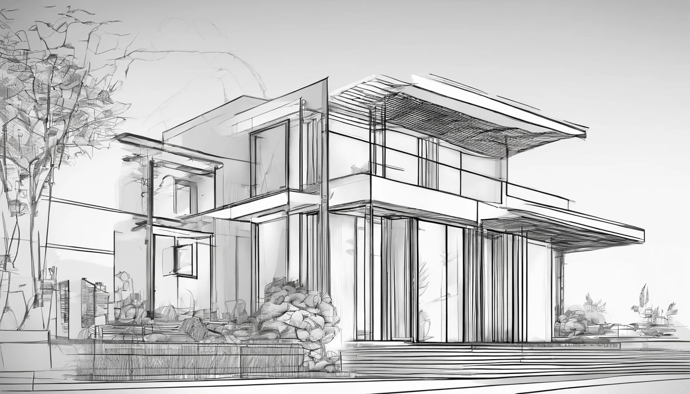 House of the common man、typical、Detached、Exterior of the entrance、Speciality、Correct perspective、line-drawing、outlines、Medium omission、unmanned、grayscales、moderno