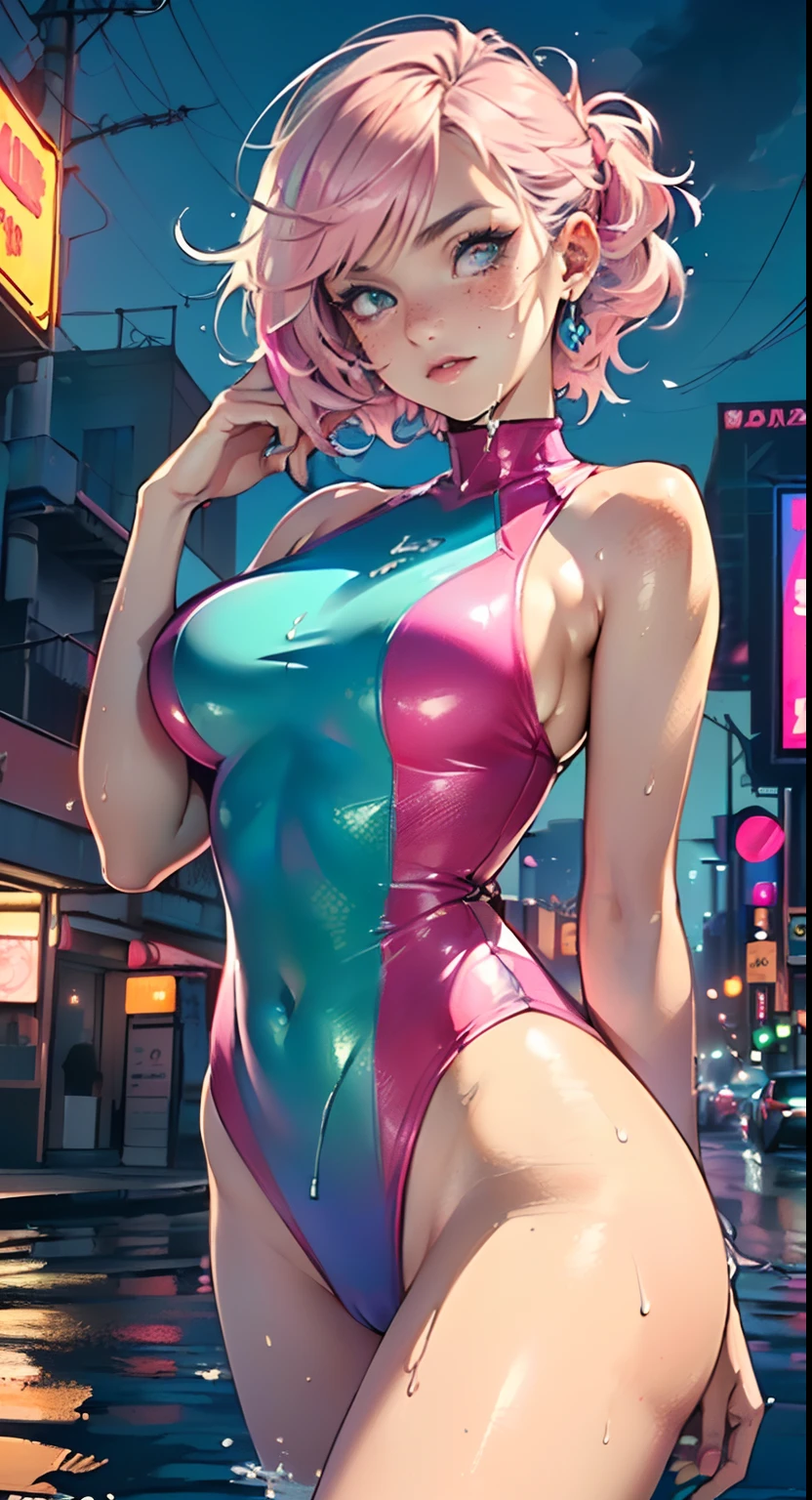 sporty girl,(((1girl))),((girl with bubblegum pink hair and freckles,extremely cute and gorgeous)),
(large breasts:1.4),saggy breasts,(((bubblegum pink hair:1.35,straight hair,long hair:1.4,colored inner hair,ear breathing))),((((heterochromia:1.5,eye1 pink,eye2 blue))),intricate eyes,beautiful detailed eyes,symmetrical eyes,((fat)),(((freckles on the face,freckles,freckled girl))),(((lustrous skin:1.5,bright skin: 1.5,skin tanned,shiny skin,very shiny skin,shiny body,plastic glitter skin,exaggerated shiny skin,illuminated skin, wet legs))),(spider lower abdomen,narrow waist,wide hip,athletic body,inflated legs,delicate detailed fingers,detailed body,human hands,(detailed face)),
cute,slutty,seductive,erotic,(((nsfw))),
((one-piece_swimsuit magenta,wearing a one-piece_swimsuit outfit:1.3,magenta swimsuit:1.3)),((wet clothes,intricate outfit,intricate clothes)),
(dynamic pose:1.0),embarrassed,(centered,scale to fit dimensions,Rule of thirds),
cyberpunk city by the ocean at night, with bright neon signs and dark stormy clouds and puddles, scenery:1.25,
highres, sharp focus, (ultra detailed, extremely detailed), (photorealistic artwork:1.37),(extremely detailed CG unity 8k wallpaper),((synthwave background theme)),(((vibrant colors))),(intricate background),(masterpiece),(best quality),