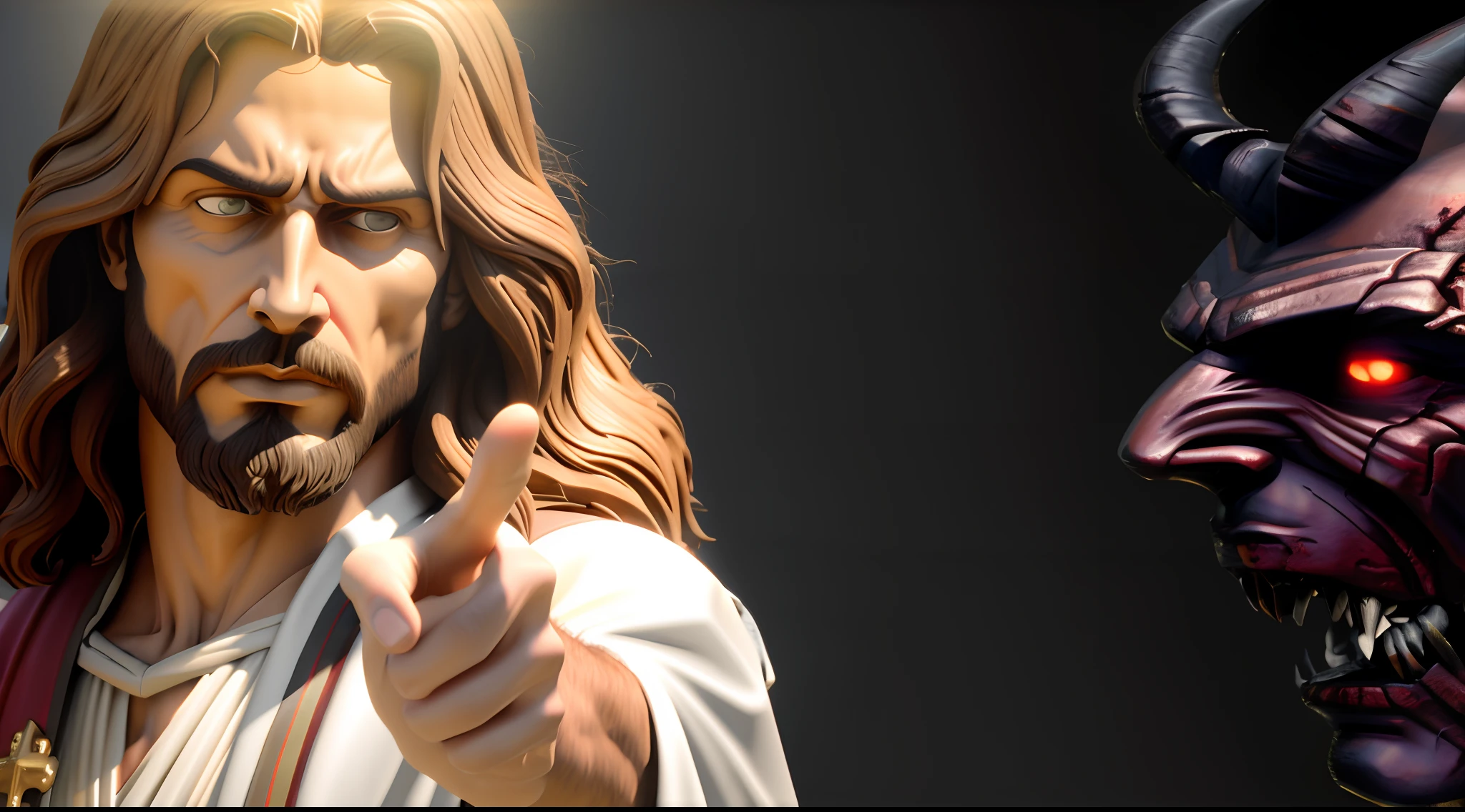 imagem jeusus cristo apontando no lado esquerdo da imagem, on the right side is the demon, Banner, pointing to heaven, Jesus, pintado digitalmente, master part. renderizado no liquidificador, Nicodemos, altamente renderizado!!, renderizado em corona, fan art, cg arte, escultura realista de 8k bernini, Artista CG, realistic shading and lighting, Jesus Cristo, jesus is, Maximum realism, max quality, ultrarrealismo, ultrarrealista, Image with maximum detail, detalhes reais, maximum detail on the face, Dramatic Jesus, Rosto realista, realismo ao extremo, Maximum detail in everything, detalhes no rosto, Maximum of realists, imagem ultra realista, His mouth is saying something