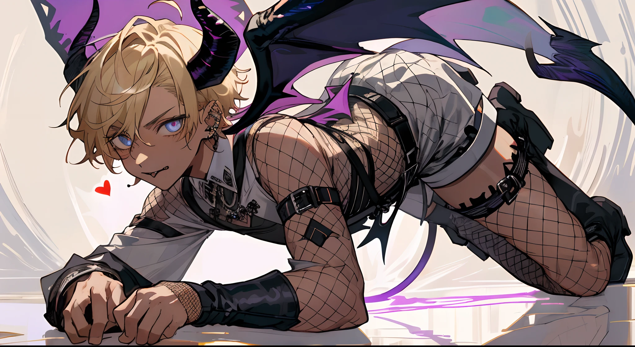 Handsome male, blue eyes, blonde hair, short hair, horns, soft features, roman nose, bara, black suit, chest harness, black pants, black boots,piercings, tattoos, big bulge in pants, wings, rose garden, laying on grass