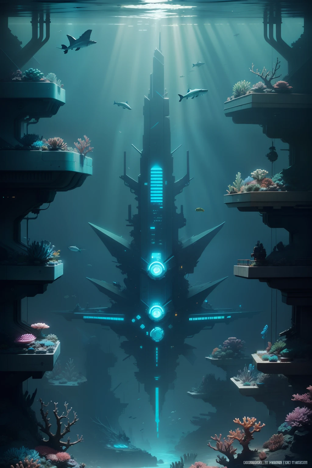 The underwater cyberpunk megacity, a coral reef, sharks