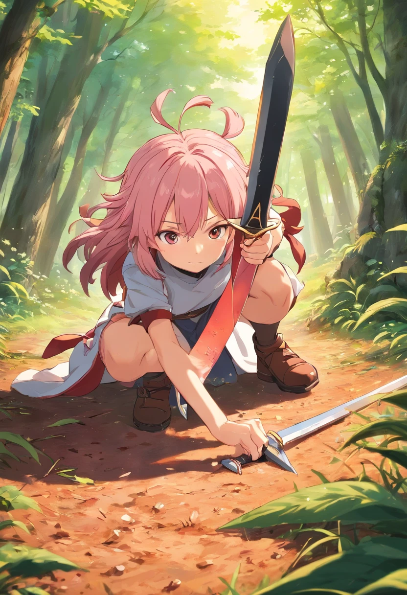 Astolfo from Fate series drawing out his sword while a lance is stabbed into the ground
