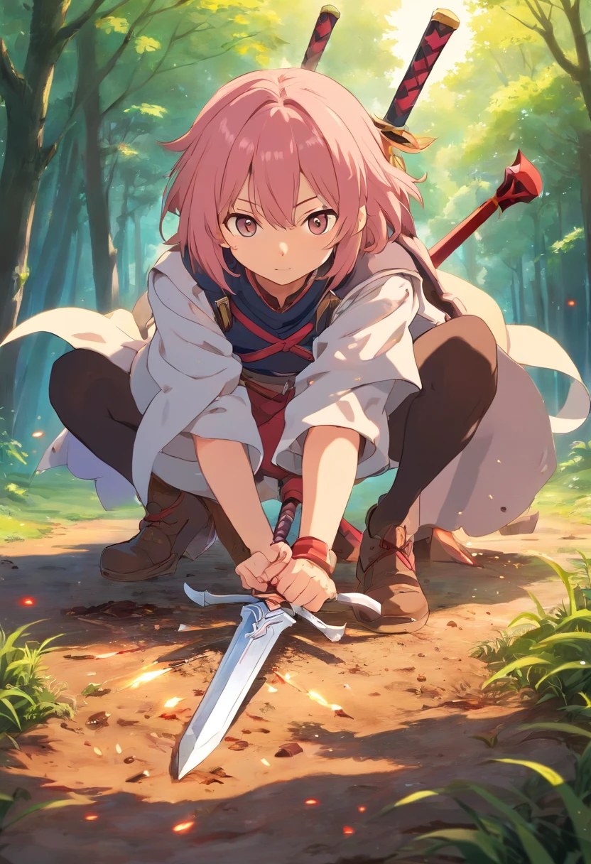 Astolfo from Fate series drawing out his sword while a lance is stabbed into the ground