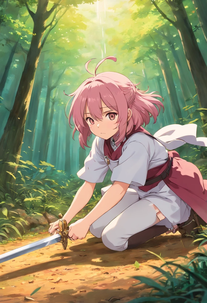 Astolfo from Fate series drawing out his sword while a lance is stabbed into the ground