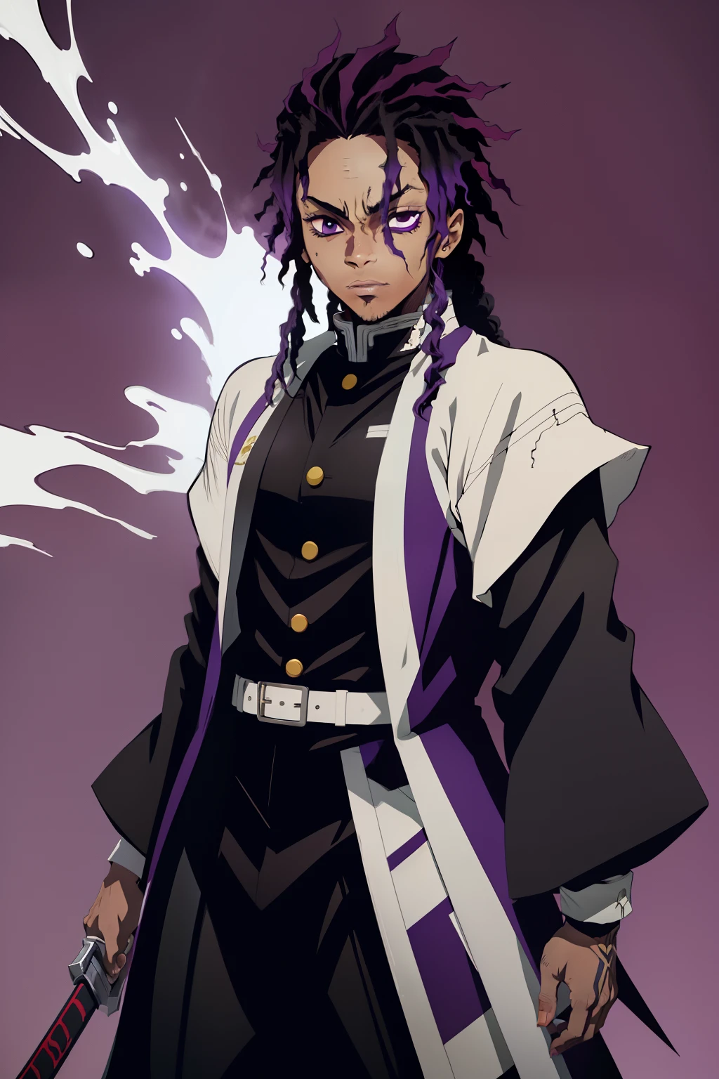 jovem negro, Uniform demon slayer, Bleach poses, sorrir, dreads, black and purple hair, show, Man, drip, espada vermelha, beautiful