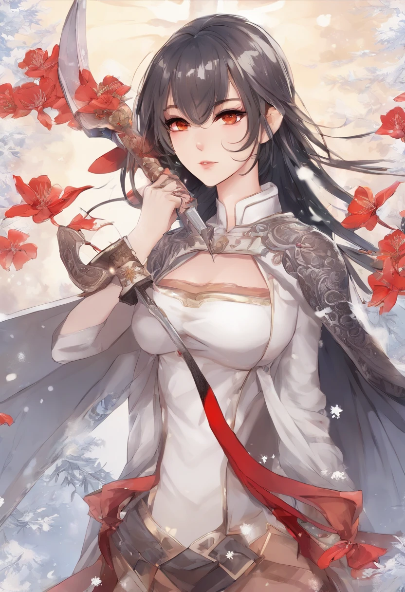 masterpiece,bestquality,highlydetailed,ultra-detailed, cold, solo, (1girl:bishoujo), stare, (red eyes), (beautiful detailed eyes), (long hair: white hair: silver_hair: braid: Wing-like bangs: Dull hair: Hair rings), (cold 1girl: coat: jacket: turtleneck: white coat), (belt: black gloves: black hair: gloves: sword: sheath: sheathed: weapon: katana), (breasts: cleavage: floral background: floral print: flower: full body: navel: pants), (holding sword: lily (flower): sheath: sheathed: sword), (short hair: snowflakes: solo), (floral background: floral print: flower: full body: navel: pants), (white flower: snowflakes: solo: turtleneck)