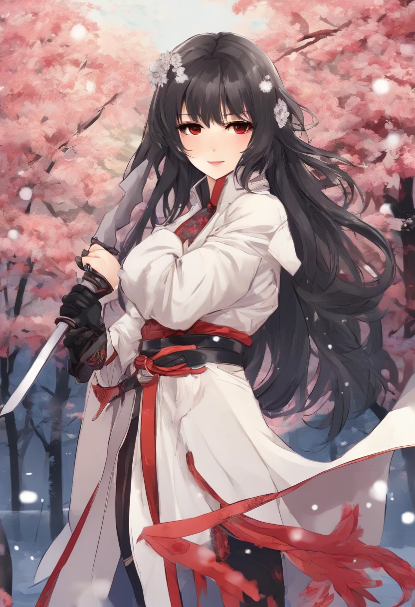 masterpiece,bestquality,highlydetailed,ultra-detailed, cold, solo, (1girl:bishoujo), stare, (red eyes), (beautiful detailed eyes), (long hair: white hair: silver_hair: braid: Wing-like bangs: Dull hair: Hair rings), (cold 1girl: coat: jacket: turtleneck: white coat), (belt: black gloves: black hair: gloves: sword: sheath: sheathed: weapon: katana), (breasts: cleavage: floral background: floral print: flower: full body: navel: pants), (holding sword: lily (flower): sheath: sheathed: sword), (short hair: snowflakes: solo), (floral background: floral print: flower: full body: navel: pants), (white flower: snowflakes: solo: turtleneck)