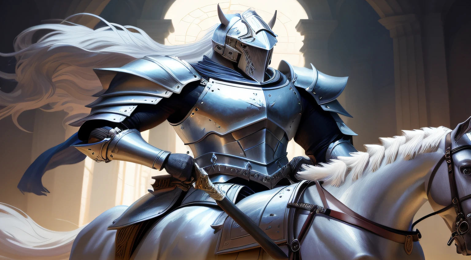 Portrait of a 7ft tall White shining wolf armour knight, huge single hand sword, bazooka (8k hd)