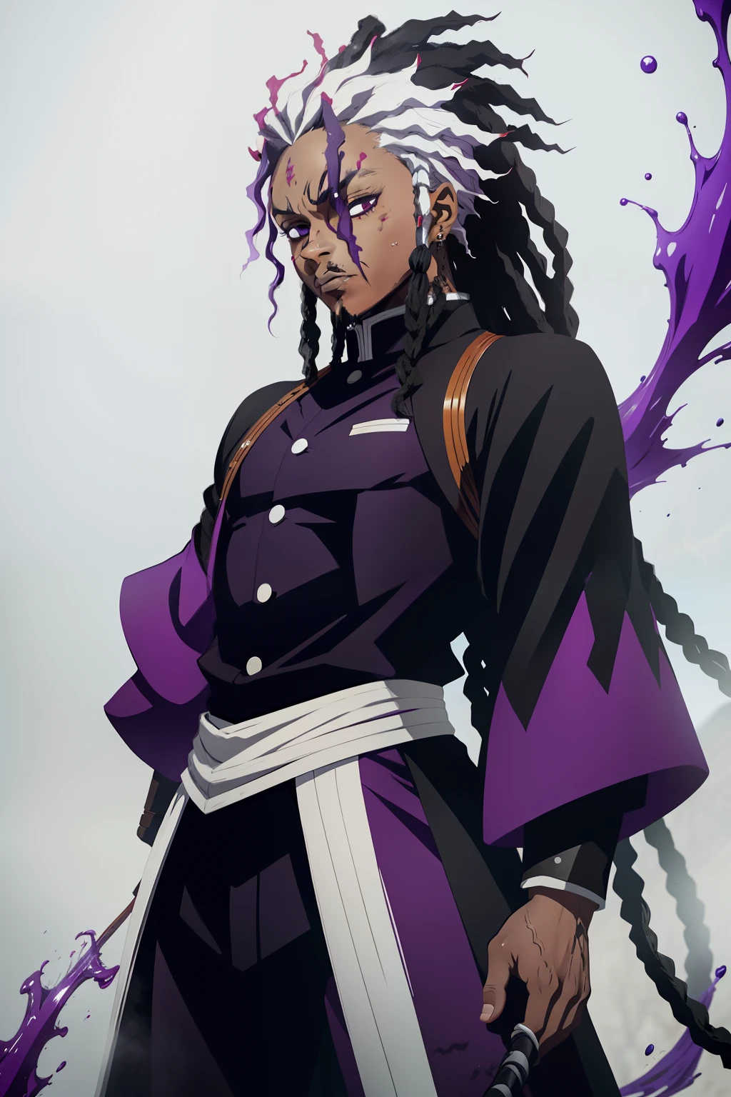 jovem negro, Uniform demon slayer, Bleach poses, sorrir, dreads, black and purple hair, show, Man, drip, espada vermelha, beautiful