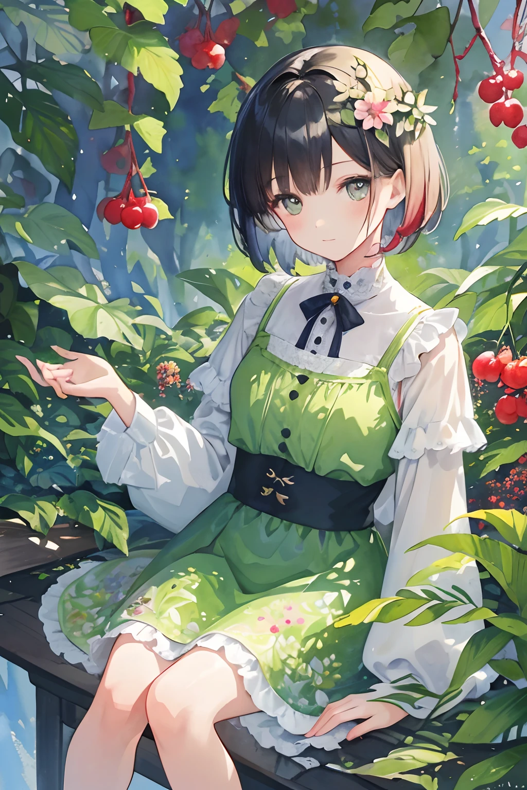 ((super detailed), #3b4195背景, beautiful flowers, berries, ferns, leaves, watercolor pattern of calming colors), (watercolor texture), ((1 girl), short hair, cute,