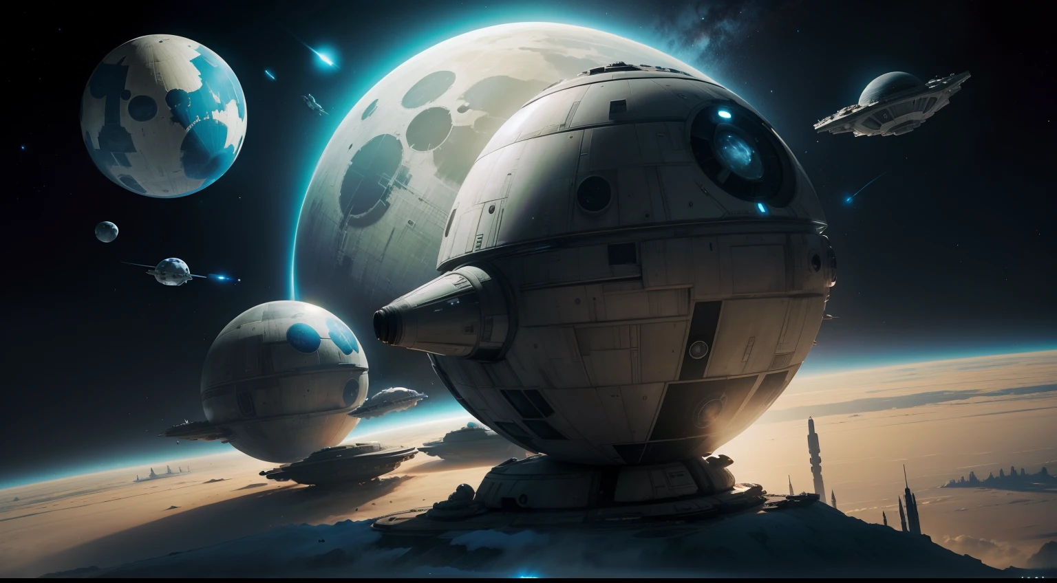 Star Wars looklike megacity on planet with three moons, many starships on the sky, and DeathStar in space