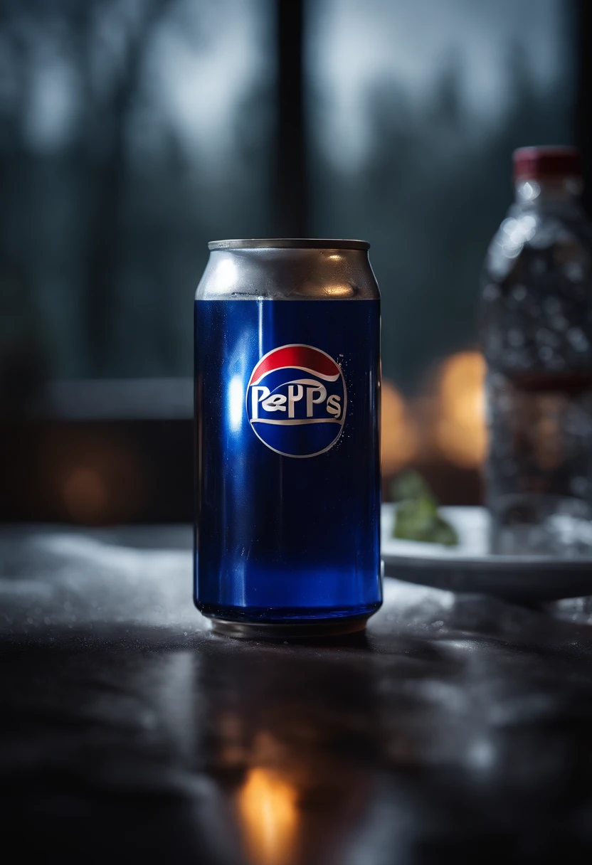 A pepsi can on a glassy table, cold and freshing, dripping of water, a glass of soda beside it, some ice cubes in the glass, foggy, dark scene, cinematic light, photography, realistic, volumetric lighting, super details
