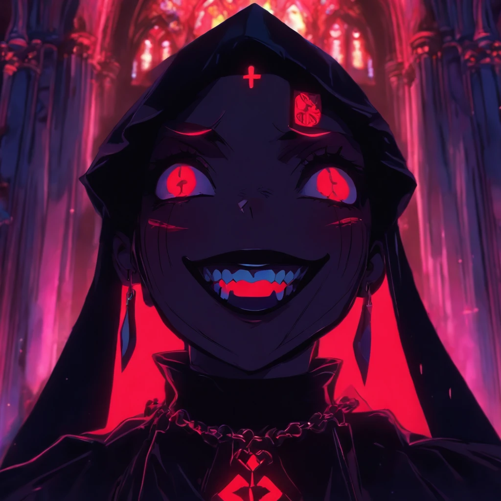 raw, analog) (gothic nun huge breast), set in the 1990's, surreal make up, leather clothes inside a gothic church at night, neon lights, very dark, horror, red shades, chaos, sinister, high details, ultra realistic, SonyA7III, cinematic lighting, film, grain, UHD faces, volumetric shadow, insanely detailed,