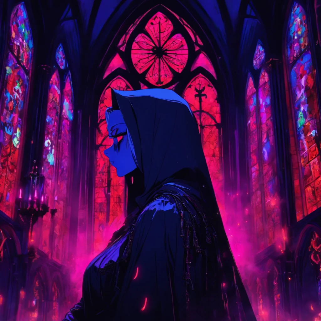 raw, analog) (gothic nun huge breast), set in the 1990's, surreal make up, leather clothes inside a gothic church at night, neon lights, very dark, horror, red shades, chaos, sinister, high details, ultra realistic, SonyA7III, cinematic lighting, film, grain, UHD faces, volumetric shadow, insanely detailed,