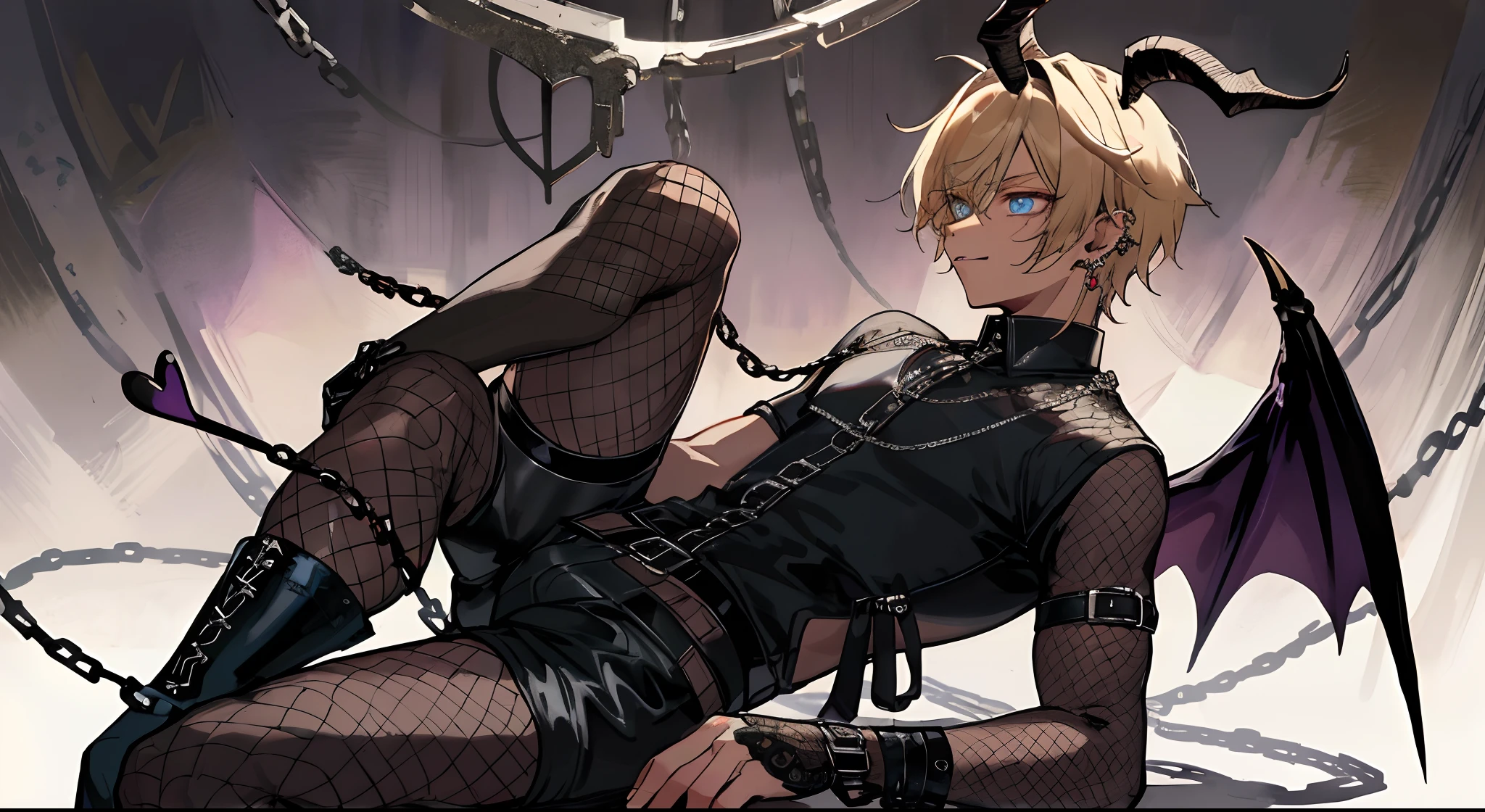 1boy, toned, cosmic powers, HD, masterpiece, vibrant, black boots, dead expression, masterpiece, high quality, best quality, ultra detailed, 1 boy, tall boy, incubus, no underwear, short hair, blonde hair, light blue eyes, dark skin, tongue sticking out, long tongue, anguish, heart-shaped eyes, heart-shaped pupils, fine detailed eyes, unusual shape, ((lots of piercings)), Goth boy, (fishnet stockings, gothic print:1.25) boy in a black and white outfit, boy wearing a Gothic outfit, large boots, high heel, boy wearing a black leather garterbelt and (multiple leather straps, multiple iron chains attached to rings:1.125), shorts, ((devil wings, tail and horns)), highly detailed fine art, (finely detailed beautiful eyes and detailed face), delicate depiction of facial features, detailed metal jewelry, dramatic composition, cinematic lighting