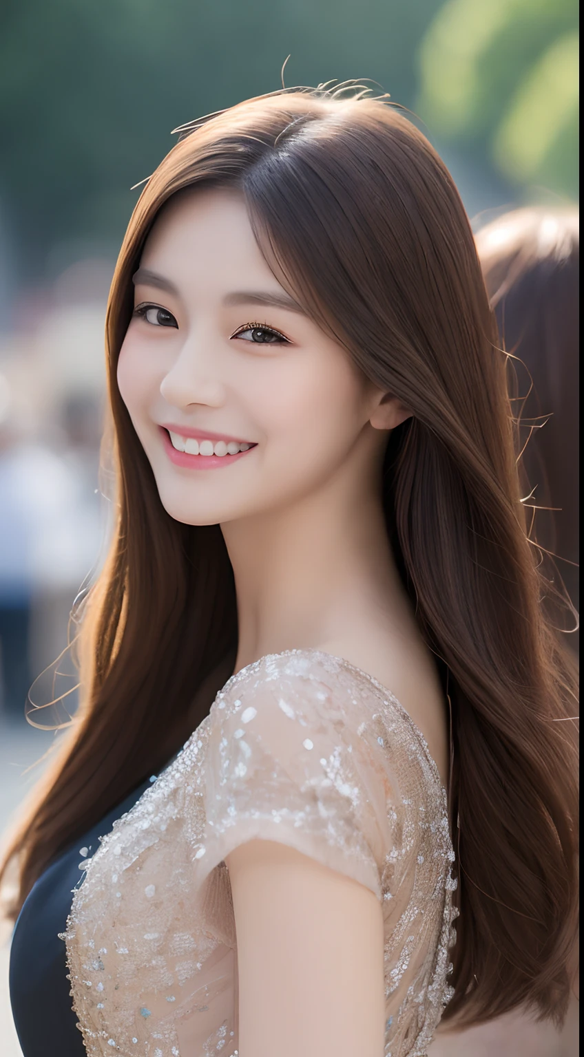 ((Best quality, 8k, Masterpiece :1.3)), 1girl, smiling, full body, slim face, Pretty woman, (Dark brown hair), full length dress :1.1, Ultra-detailed face, Detailed eyes, Double eyelid, blur background, slim face, city, outside, street,