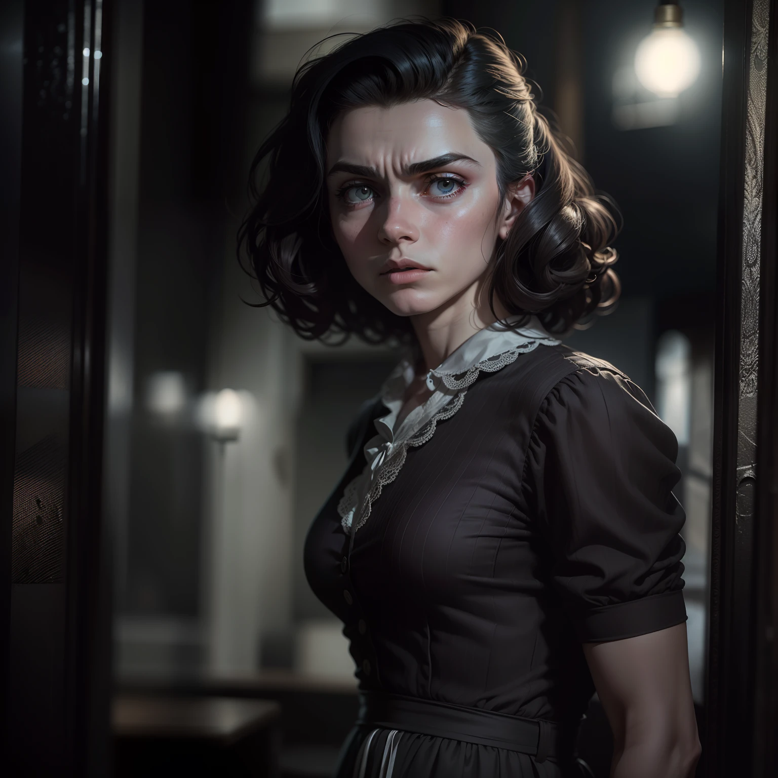 Uma imagem de um detetive particular jovem dos anos 40 vestido com um traje de detetive sensual e cativante, investigando um teatro escuro e misterioso. The scene evokes the atmosphere of a classic crime novel, with grumpy lighting and a hint of danger in the air.