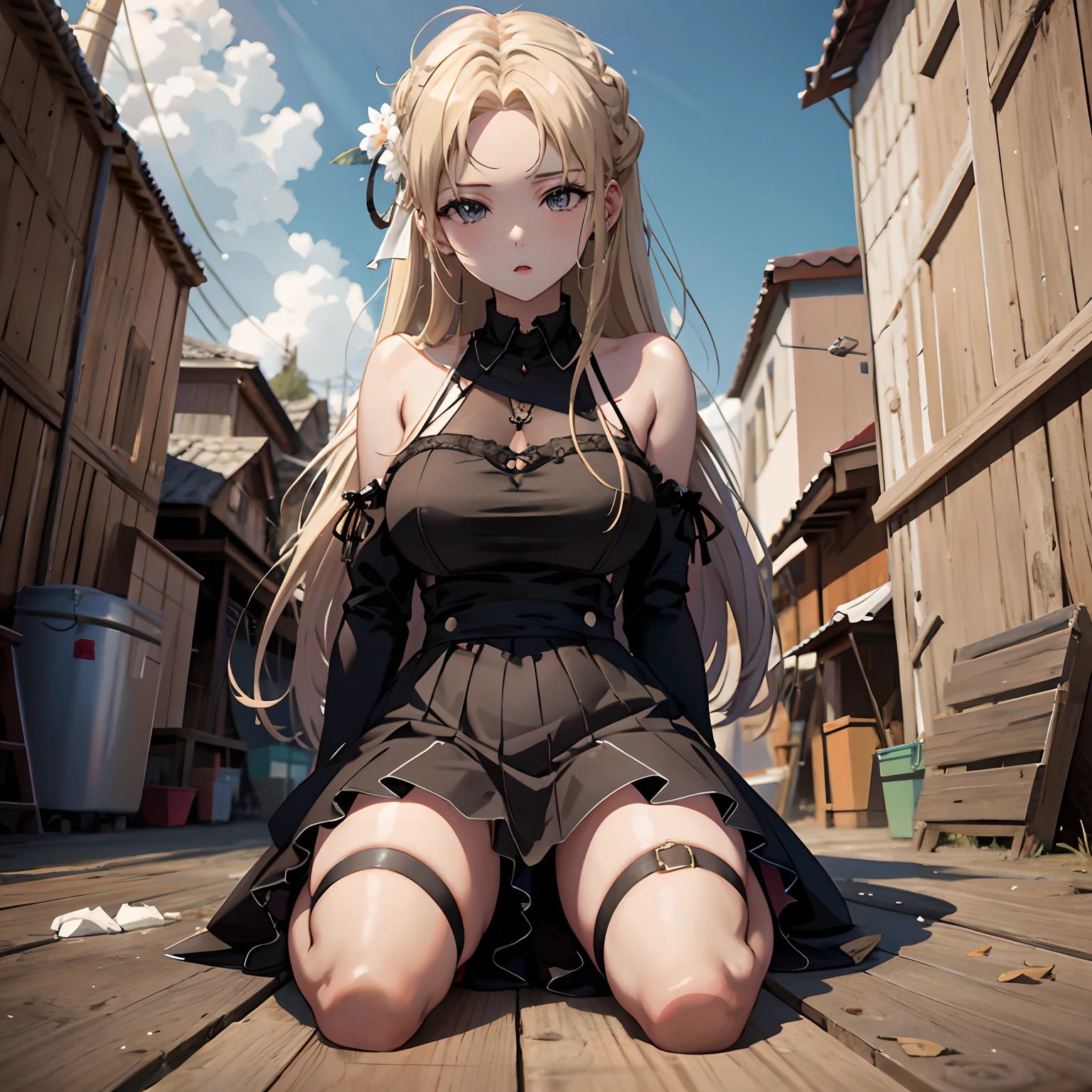 Blonde haired woman in black dress sitting on wooden floor in alley, Anime Garota Cosplay, anime na vida real, the anime girl is crouching, Loli nstido, menina aniutora, Garota Anime usando um vestido preto, menina bonita do agachamento, Estilo anime misturado com Fujifilm, Arte no estilo de Guweiz, menina anime bonita, " de anime bonita