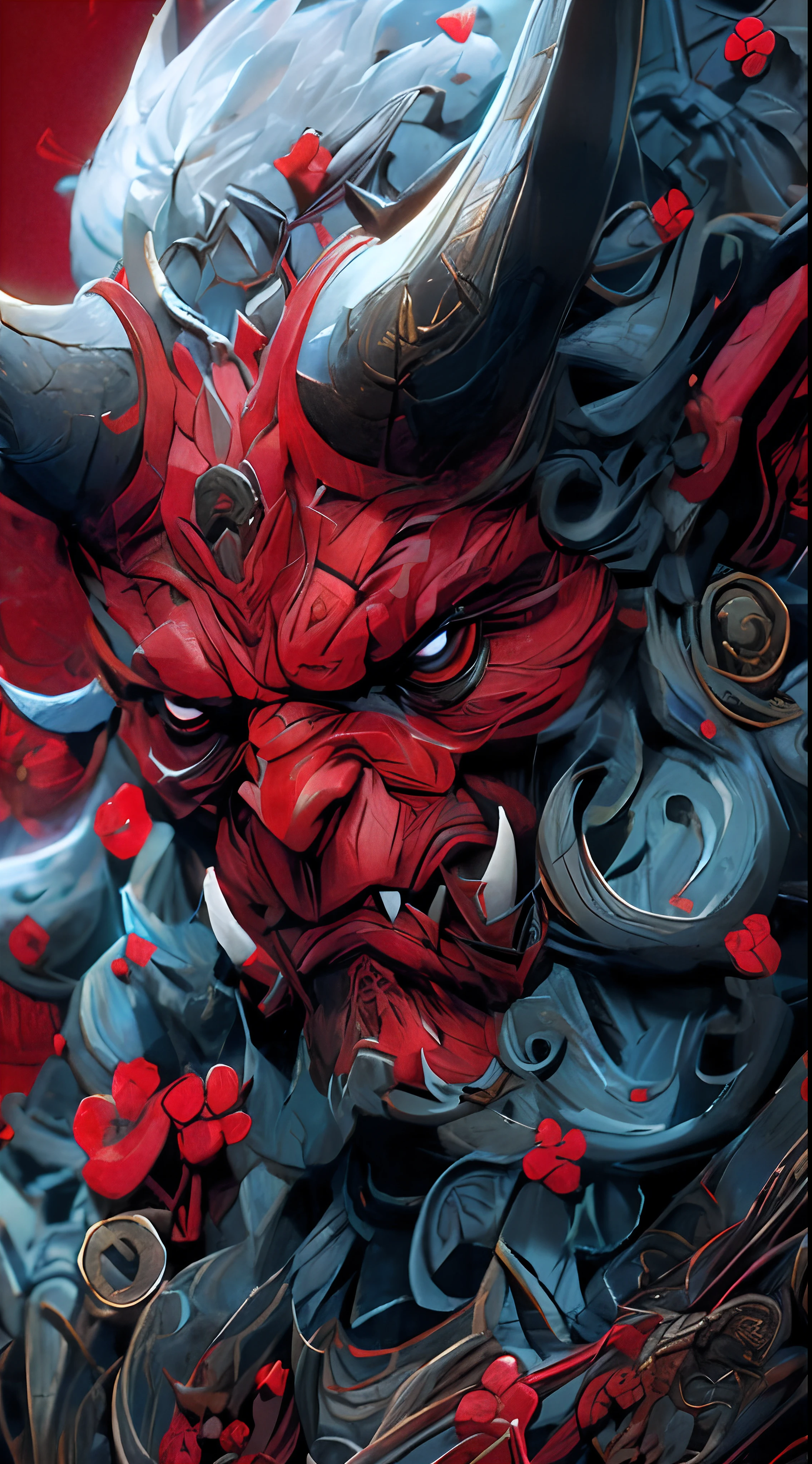 There is a red and black statue of a horned demon, villain wearing a red oni mask, arte detalhada onmyoji, eles chifres, Demon Samurai, oni mask, demon samurai mask, demon samurai warrior, pintura detalhada 4K, intrincado estilo cgi anime ornamentado, Arte altamente detalhada em 4K, Retrato de Onmyoji, inspired by Shunkōsai Hokushū
