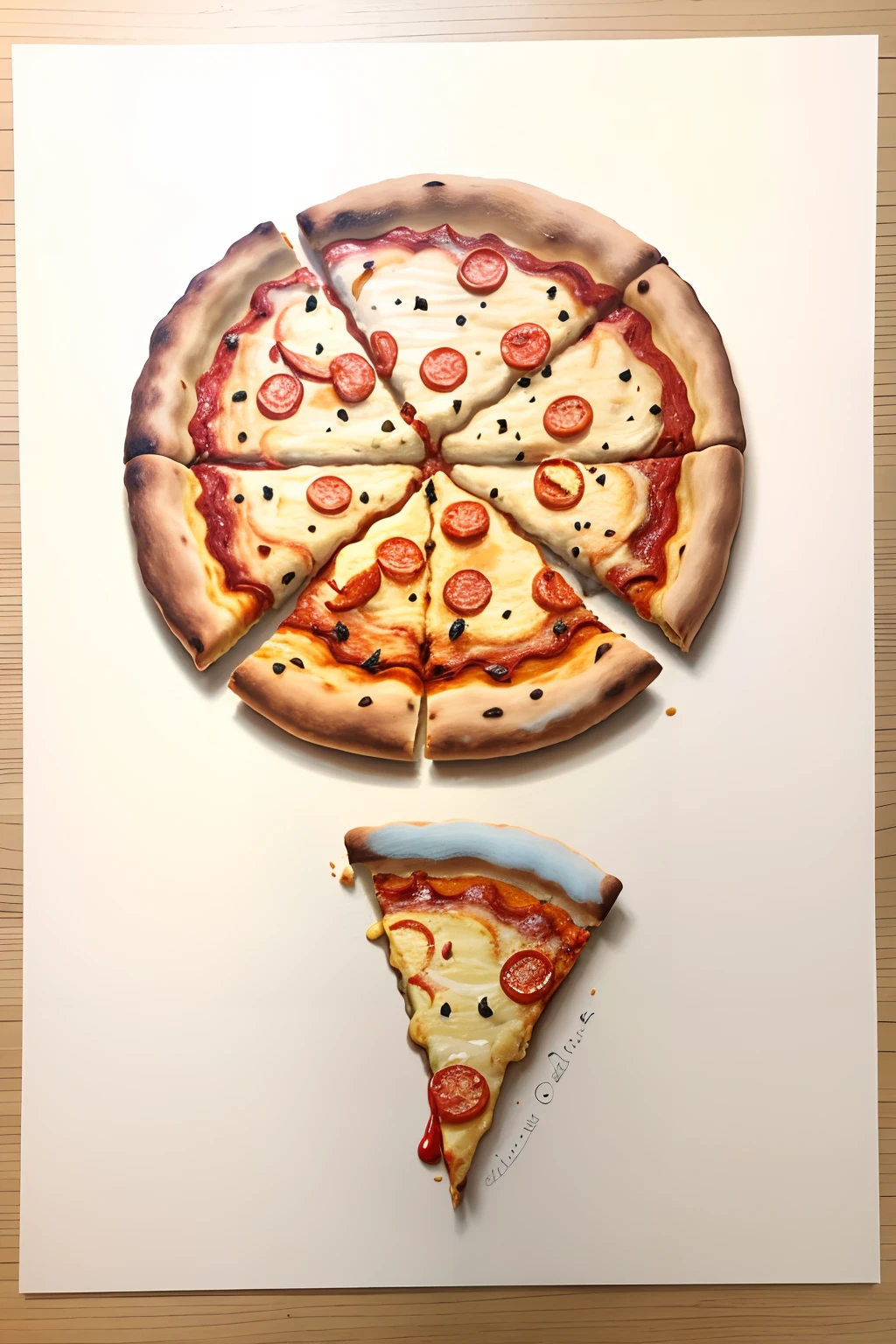 A minimal abstract image of pizza, pintado con acuarela sobre lienzo blanco con gran detalle en los ingredientes con y queso fundente y peperoni