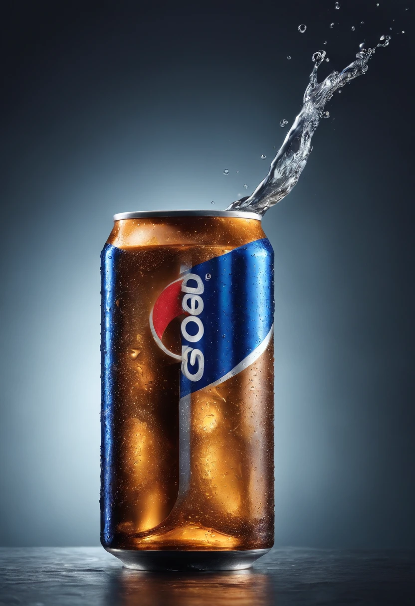 A pepsi can on a glassy table, cold and freshing, dripping of water, splash of water, add a glass of soda beside it, some ice cubes in the glass, foggy, dark scene, cinematic light, photography, realistic, volumetric lighting, super details