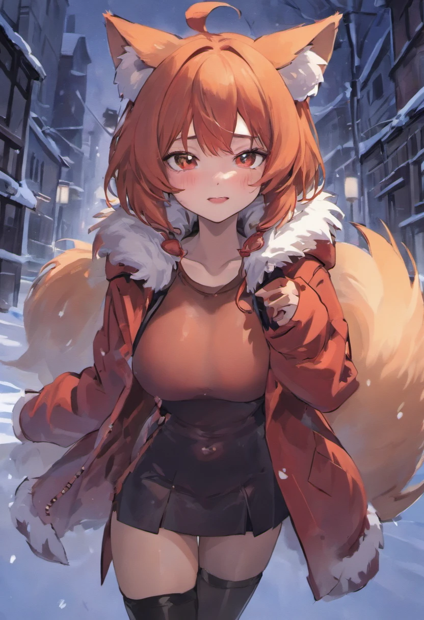 Auntie Vixen, 1girl, animal ears, Color: Red, Orange, female focus, 1 fox tail, Red tail of the best quality, exteriors, hood, a tree, Detailed background, orange jacket, fur-trim, Furry, fur-trimmed sleeves, Orange fur coat with fur trim, Fox ears of the best quality, a 1girl, 独奏, Focus Photo, Smile, blusher, looking a viewer, the night, Deep Night, winter, It's snowing, detailed black eyes, Detailed beautiful black eyes, detailized face, Heightened sexuality, big breastes, skinny waist, A full body girl, Girl in a skirt, Girl in black stockings, beste-Qualit,in detail,high-resolution illustration, Cute, canny smile, blusher, voluminous breasts, Vulgar girl, fluffy fur, Ultra Detailed, 8K,  by chochi, auntie vixen, red fur, red hair, hair bun, glasses, black ear tips, single tail, properly positioned tail, black furred hands and legs,
