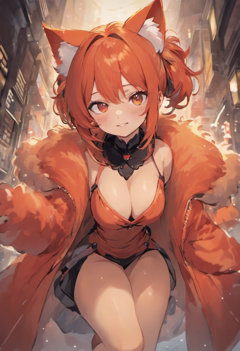 Auntie Vixen, 1girl, animal ears, Color: Red, Orange, female focus, 1 fox tail, Red tail of the best quality, exteriors, hood, a tree, Detailed background, orange jacket, fur-trim, Furry, fur-trimmed sleeves, Orange fur coat with fur trim, Fox ears of the best quality, a 1girl, 独奏, Focus Photo, Smile, blusher, looking a viewer, the night, Deep Night, winter, It's snowing, detailed black eyes, Detailed beautiful black eyes, detailized face, Heightened sexuality, big breastes, skinny waist, A full body girl, Girl in a skirt, Girl in black stockings, beste-Qualit,in detail,high-resolution illustration, Cute, canny smile, blusher, voluminous breasts, Vulgar girl, fluffy fur, Ultra Detailed, 8K,  by chochi, auntie vixen, red fur, red hair, hair bun, glasses, black ear tips, single tail, properly positioned tail, black furred hands and legs,