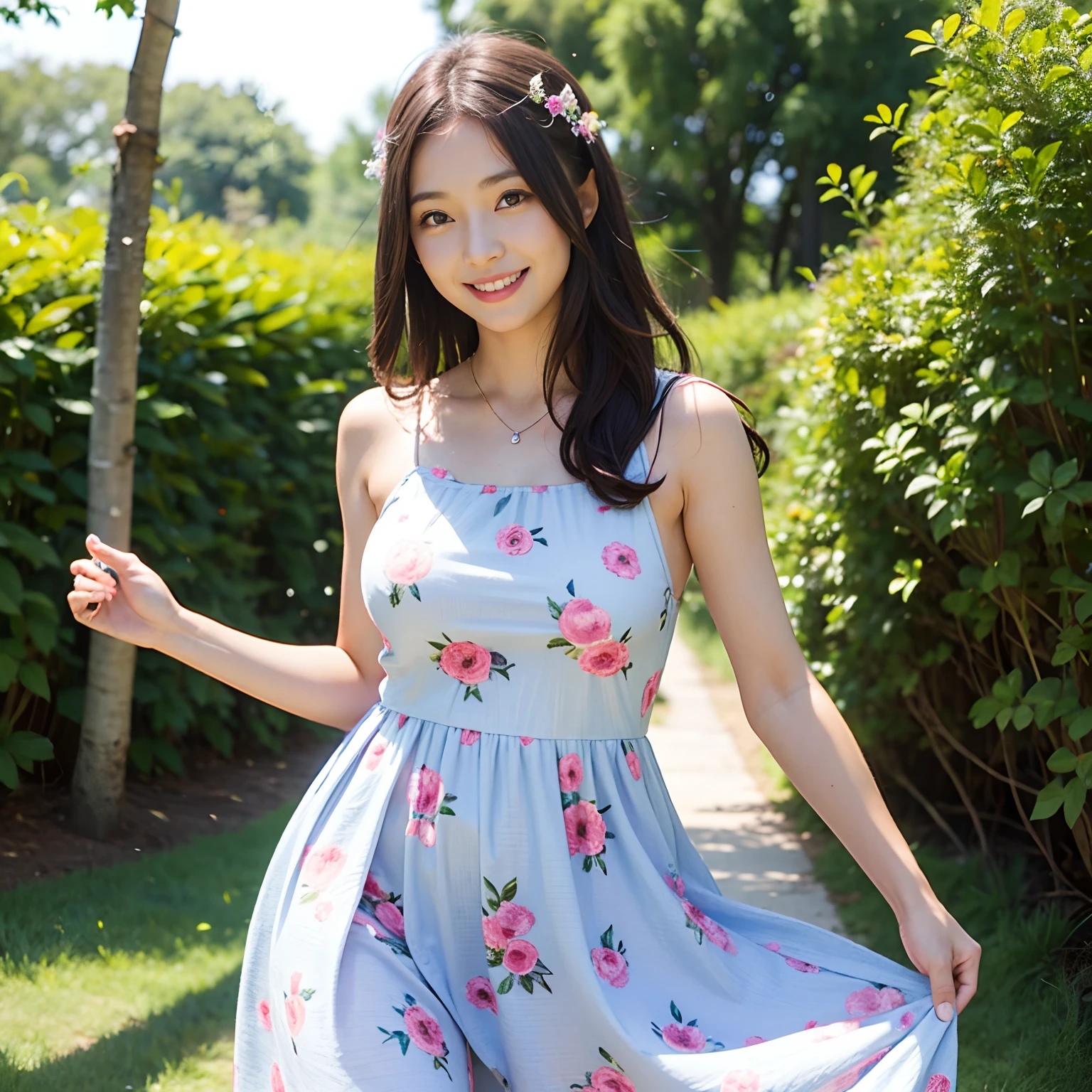30 year old woman in summer dress smiling at camera