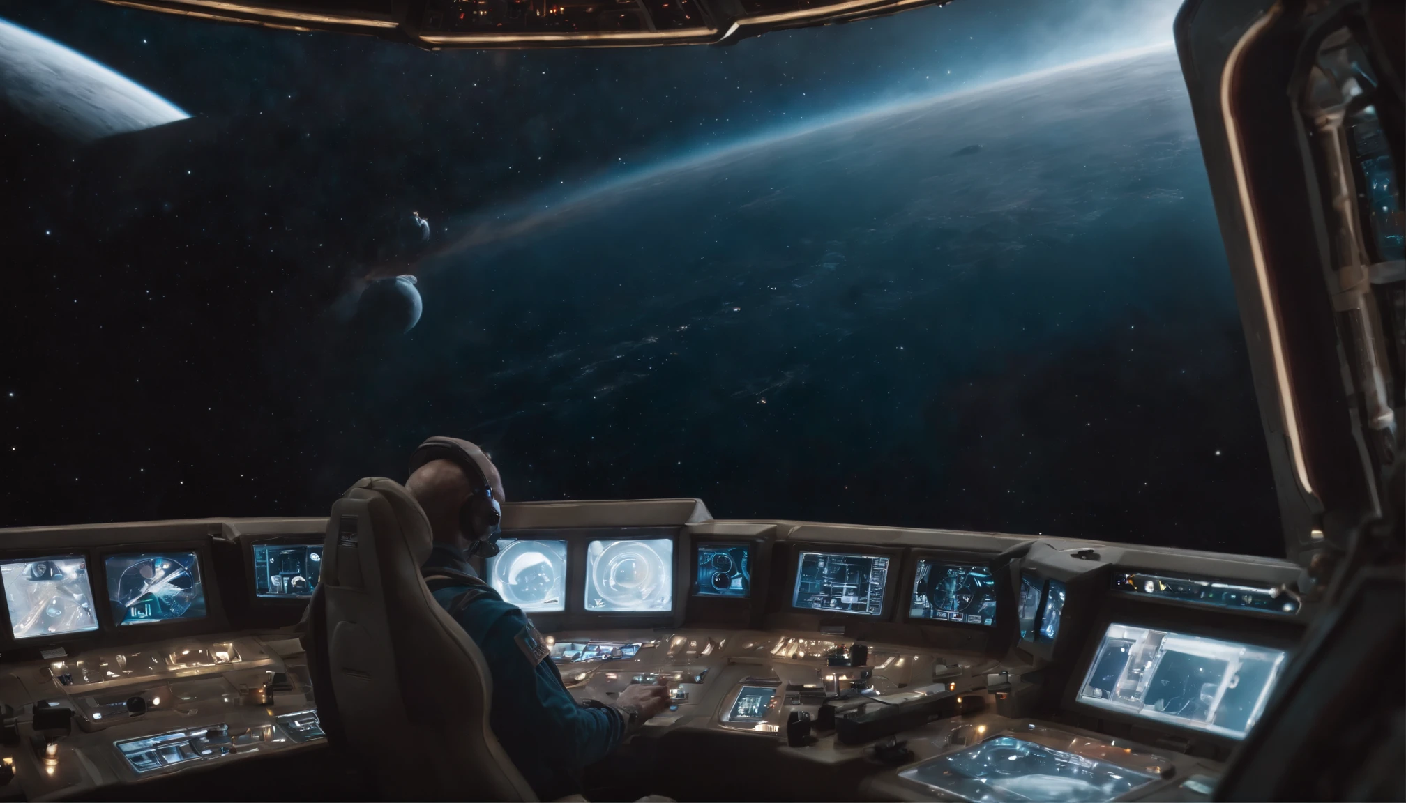 La apariencia de la nave espacial. From the window you can see the landscape of the alien planet, The entire space is filled with work consoles with electronics and screens, Full HD