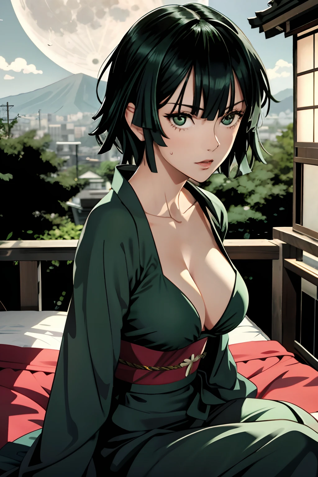 1 fubuki, kimono, kimono dress, nature, japanese environment, breast, opened armpit, sitting, japanese bedroom, black hair, night light, moon light, using bra, sweating, in front of camera,escote,smil,Criado sexy,looks directly at camera,Pelo short,cuerpos perfectos ,green hair,senos grandes, pose sexi, sesual, probocativa, see senos
