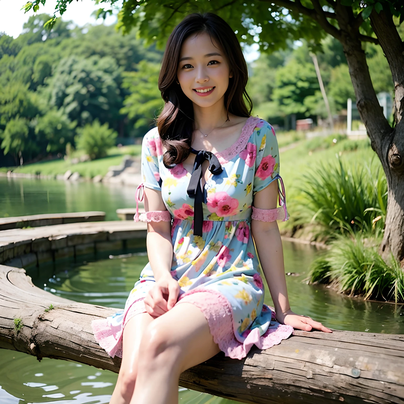 30 year old woman in summer dress smiling at camera