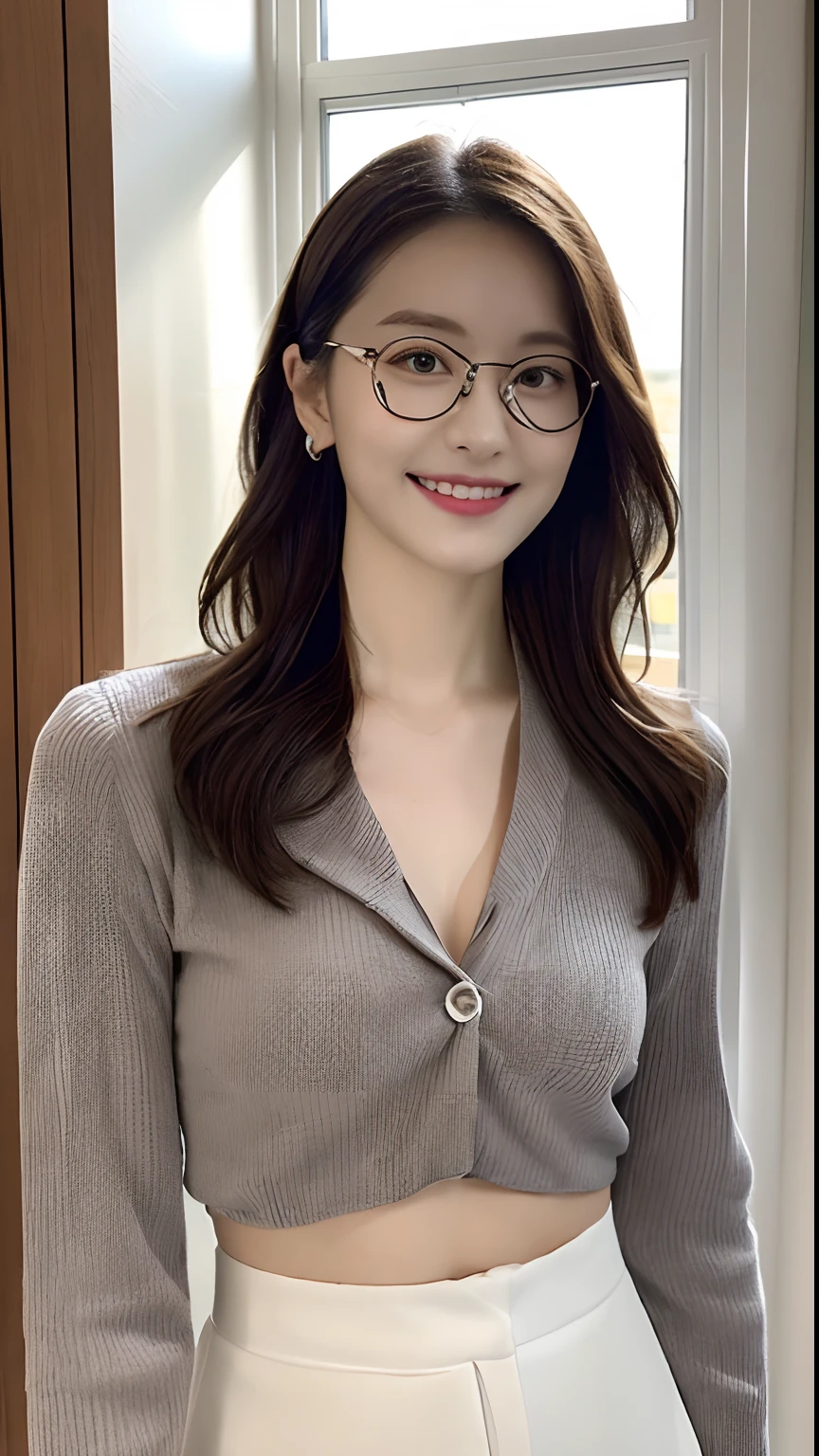 (masterpiece:1.3, high resolution, ultra detailed, 8k, realistic,), beautiful detailed face, pale skin, realistic glistening skin, detailed cloth texture, detailed hair texture, Perfect body, Beautiful Face, accurate, Anatomically correct, Highly detailed face and skin texture, natural neck length, (beautiful hands), (fair skin:1.2), Thin legs, thick feet,
Detailed eyes, symmetric eyes, Light Brown eyes, Double eyelids, Thin eyebrows, (Glossy lips:1.4), (smile:1.2),
(A Classy and Cute girl:1.3), (1 girl, one girl), ((wearing glasses, a white collared shirt:1)), (grey mini skirt), (long boots),(medium breasts, slender figure, abs), beautiful clavicle,
(blonde hair, wavy hair, long hair:1.2), ((Standing by the window)), (Cowboy shot:1.2), (looking at the viewer), ((In the modern office)),