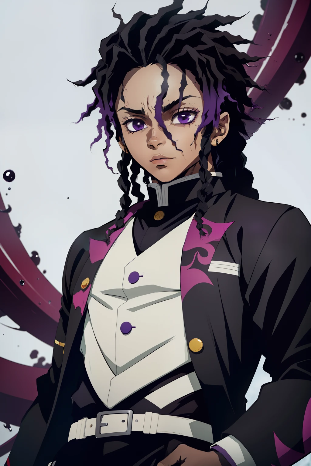 jovem negro, Uniform demon slayer, Bleach poses, sorrir, dreads, black and purple hair, show, Man, drip, espada vermelha, beautiful