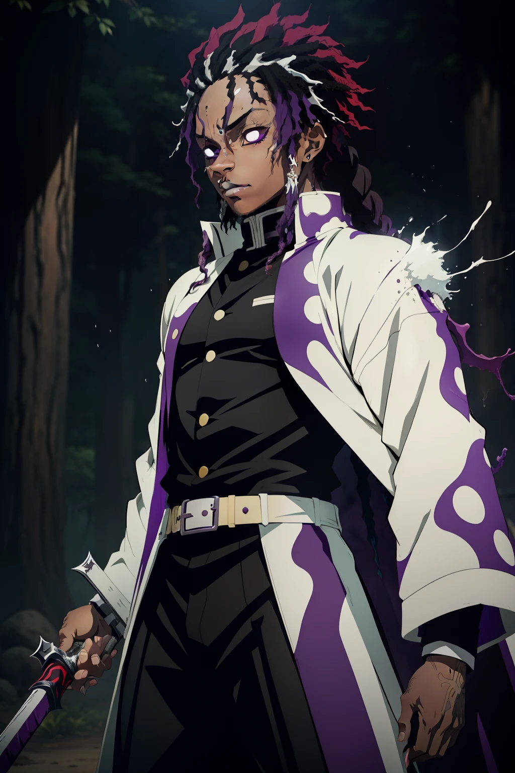 jovem negro, Uniform demon slayer, Bleach poses, sorrir, dreads, black and purple hair, show, Man, drip, espada vermelha, beautiful
