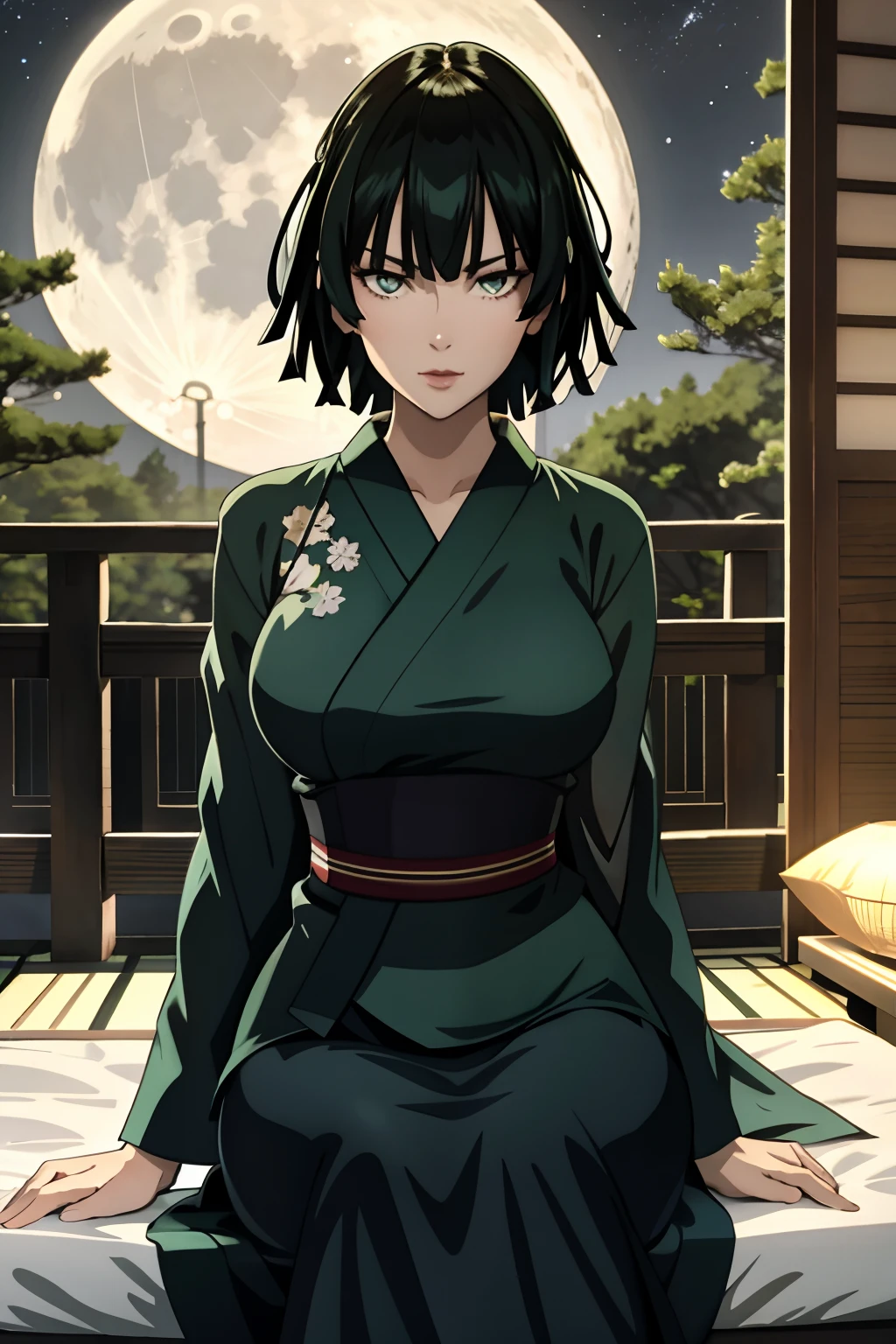 1 fubuki, kimono, kimono dress, nature, japanese environment, breast, opened armpit, sitting, japanese bedroom, black hair, night light, moon light, using bra, sweating, in front of camera，escote，smil，Criado sexy，looks directly at camera，Pelo short，cuerpos perfectos ，green hair，senos grandes, pose sexi, see senos