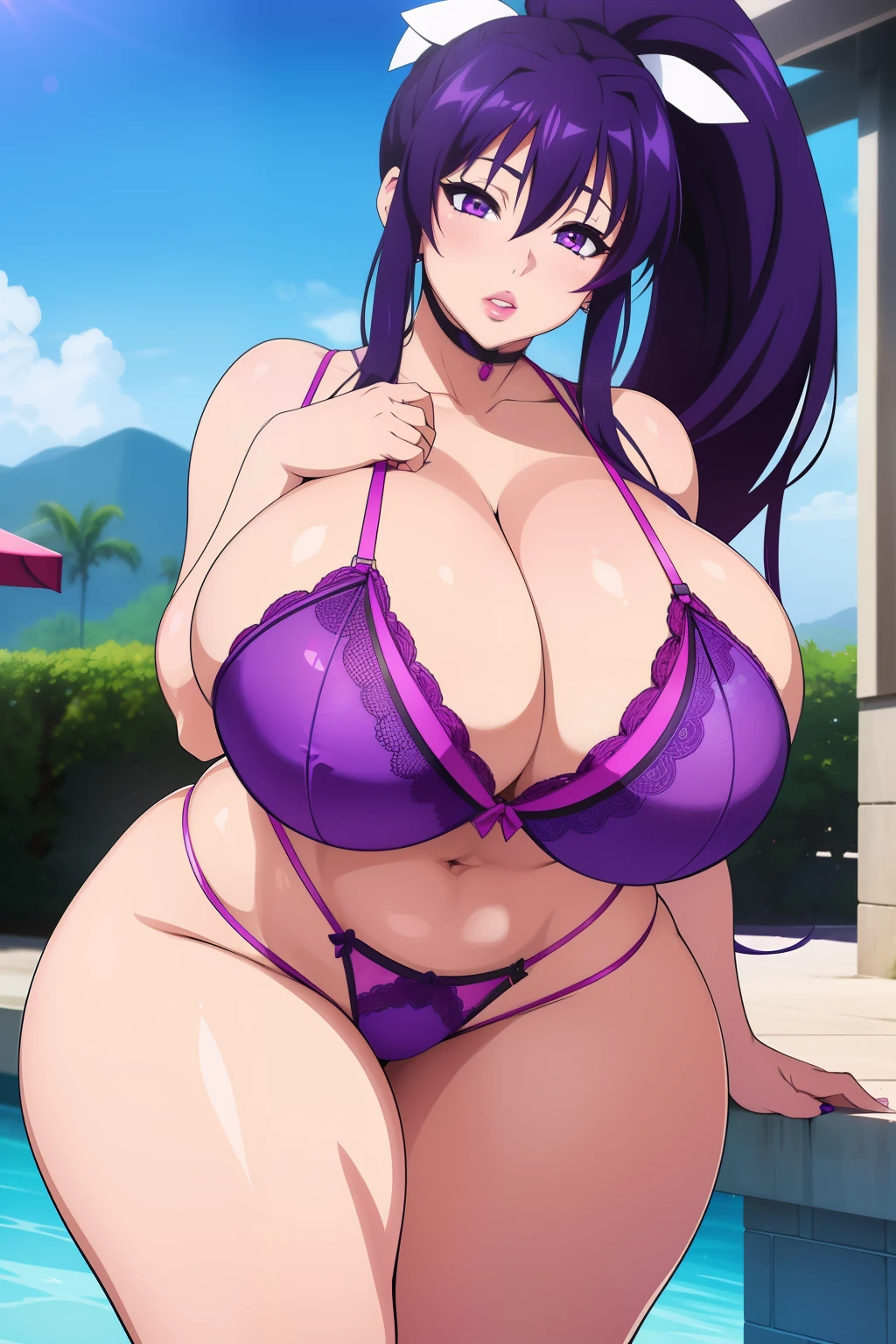 Akeno Himejima, 1girl, (((bimbo))), purple hair, purple eyes, ear rings, (((bimbo))), puffy lips, painted lips, thick lips, pleasure face, wide hips, thick thighs, huge round ass, huge natural Hitomi Tanaka breasts, panties, bra,