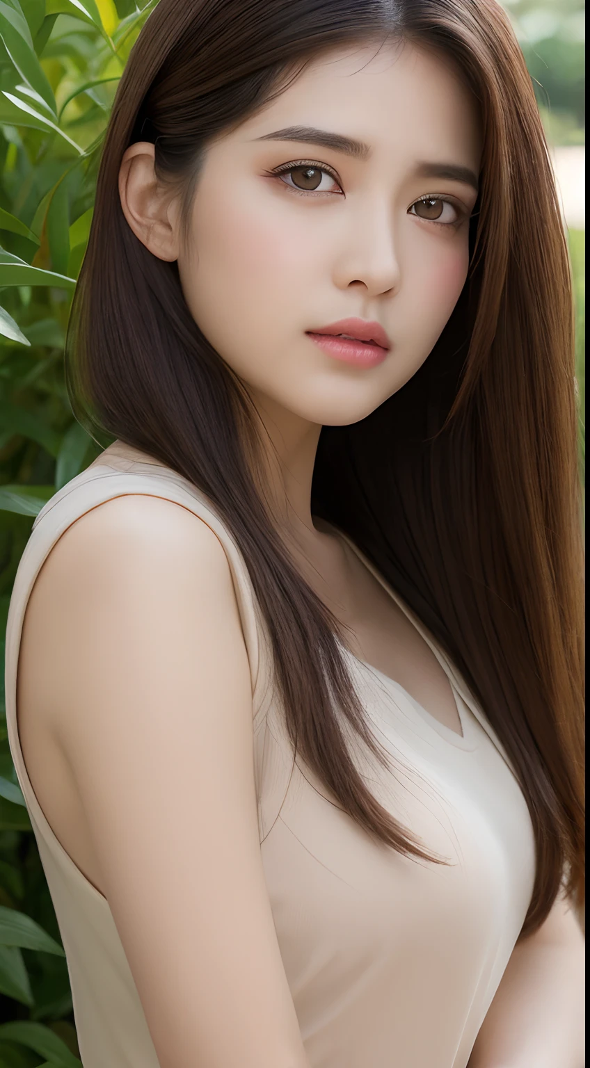 Pretty Japan Woman shoulder-length hair, thin makeup, medium breast size, wearing dress, in the park, clear facial features, 8K high resolution, 16:9, sharp and realistic details, from the outside, eye level shot, f/1.4.0, 135mm, Fujifilm, JPEG artifact, dithering, DVD, masterpiece