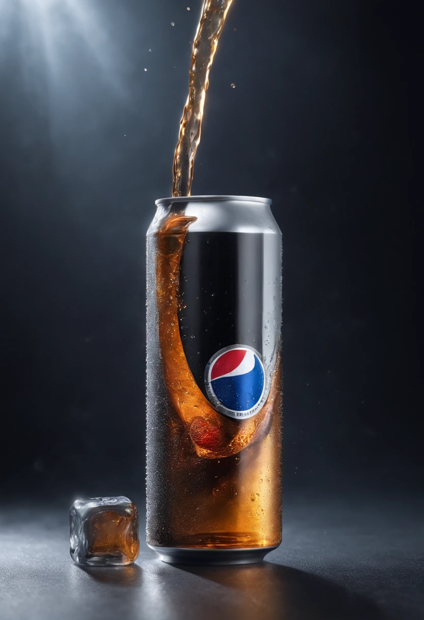 A pepsi can on a glassy table, cold and freshing, dripping of water, surrounded splash of water, add a glass of soda beside it, some ice cubes in the glass, foggy, dark scene, cinematic light, photography, realistic, volumetric lighting, super details